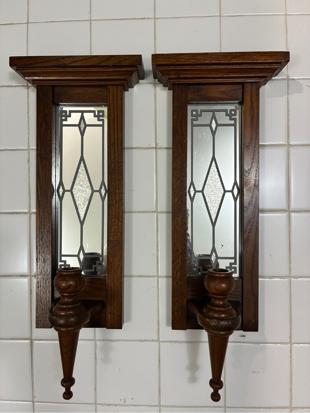 A pair of vintage Cornwall wood mirror candle holders.